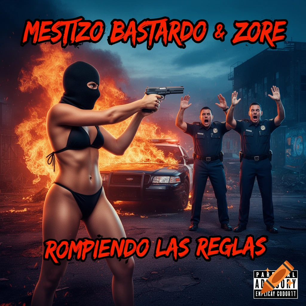 Album cover with a woman in a balaclava and bikini aiming a gun at two terrified policemen with a burning car, text MESTIZO BASTARDO & ZORE.