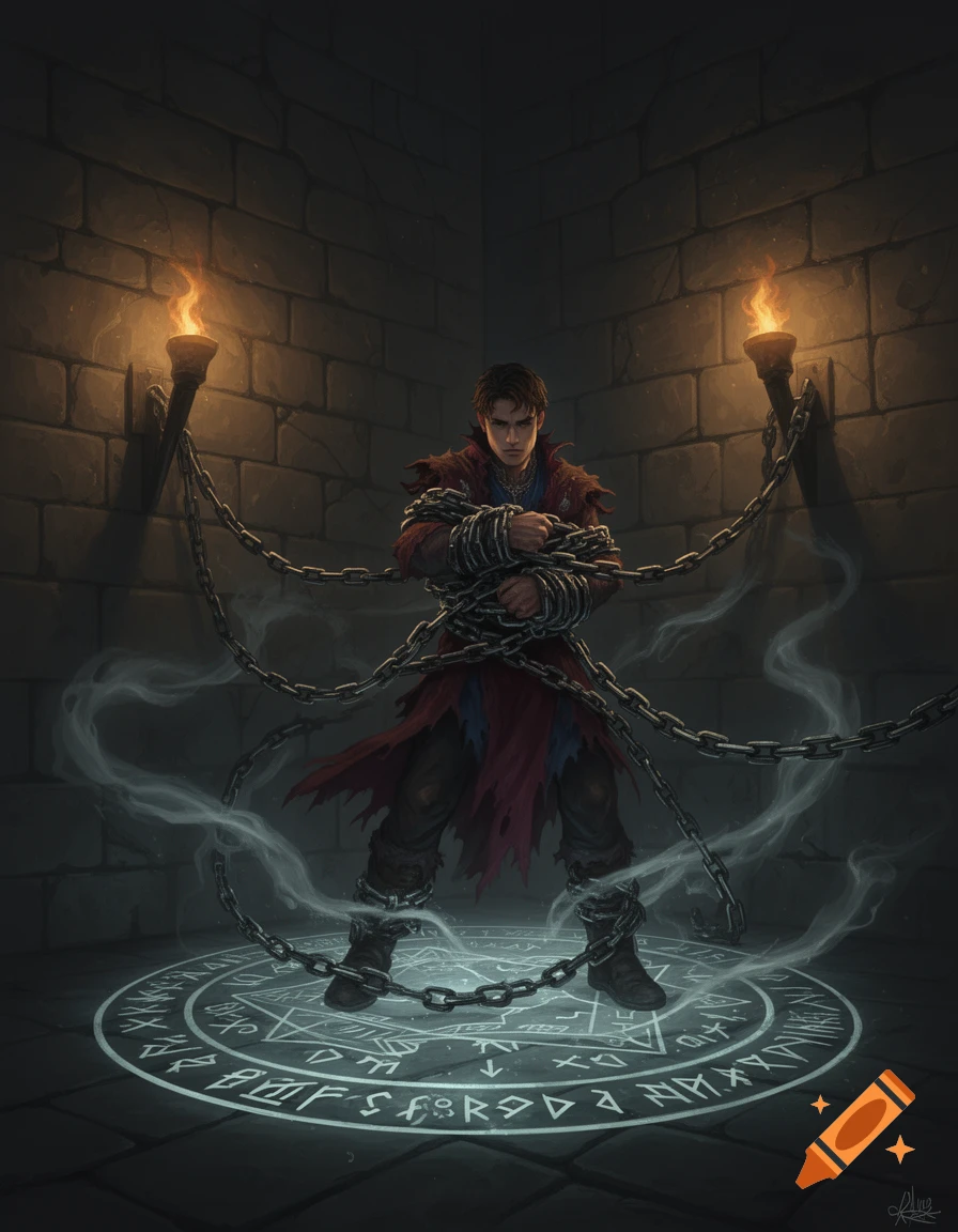 A young man is chained in a dark stone dungeon lit by torches, standing on a glowing magical circle in a fantasy art style.