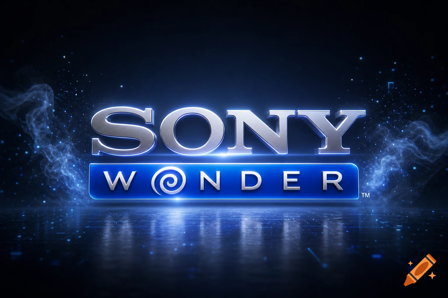 Sony Wonder logo in metallic silver and glowing blue against a dark, tech-themed background with light particles.