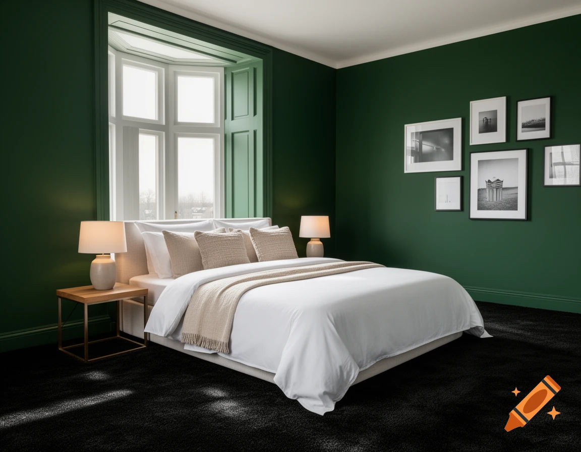 A modern bedroom with dark green walls, a white bed, black carpet, and a large bay window, featuring framed art.