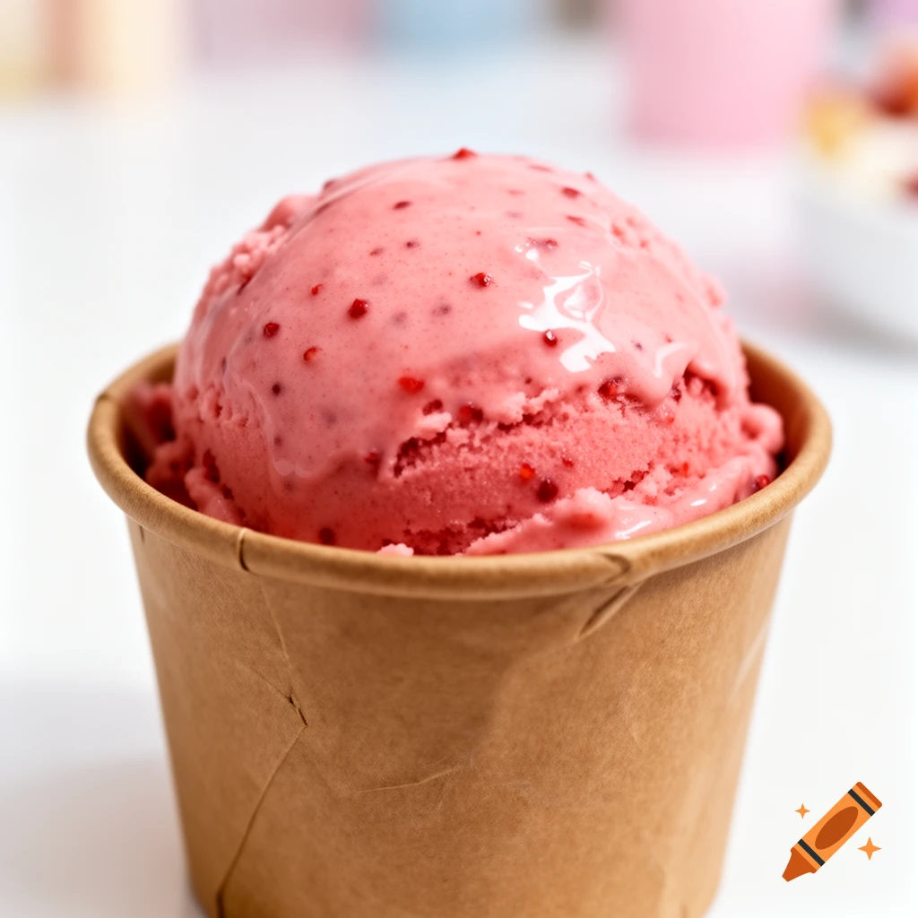 A scoop of pink strawberry ice cream with small red fruit pieces in a brown paper cup.