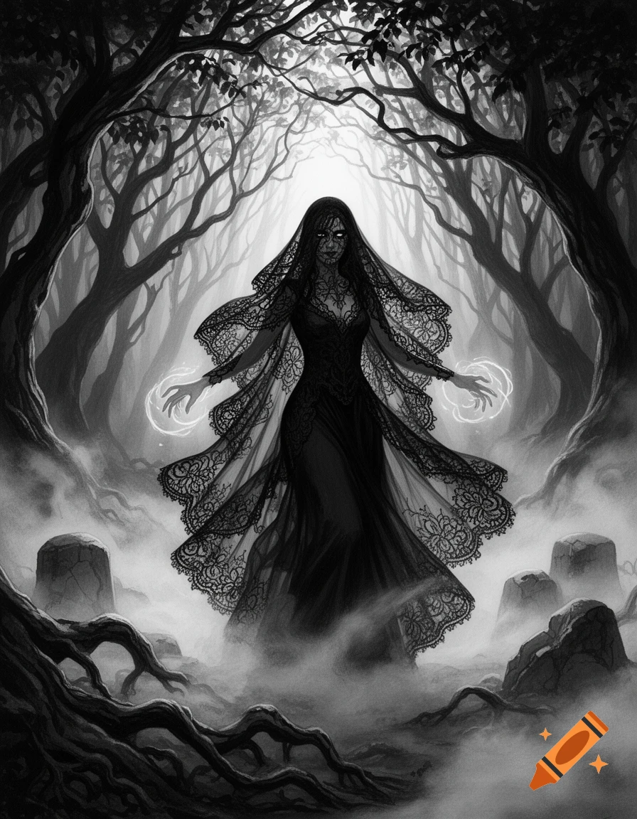 Black and white illustration of a veiled woman with glowing hands in an eerie, misty forest with gravestones.