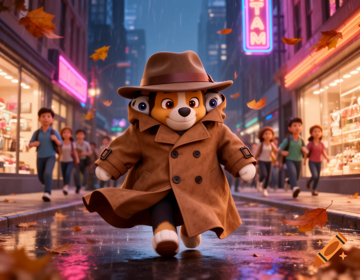 3D illustration of Rubble from Paw Patrol in a large trench coat, walking on a wet city street in the rain with blurred children.