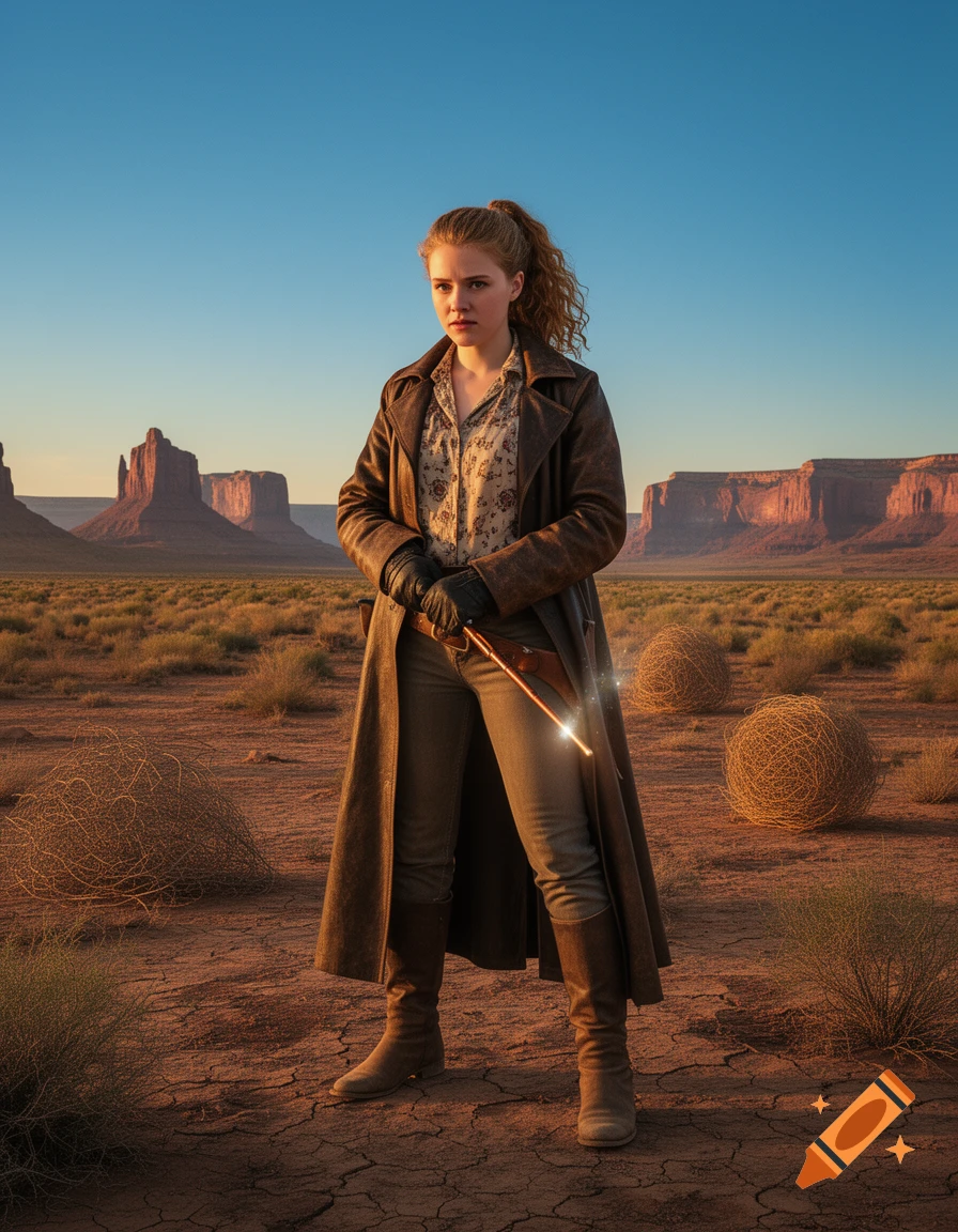A woman in a brown duster coat and gloves holds a glowing wand, standing in a vast desert landscape with mesa rock formations.