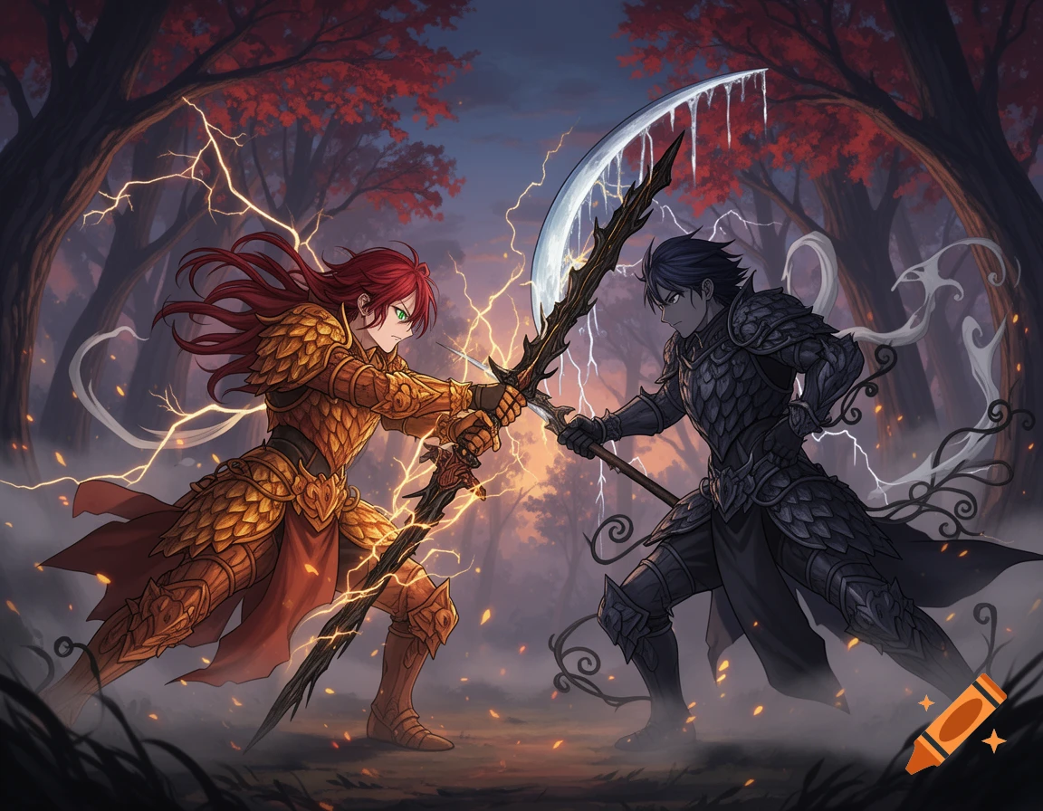Anime style image of two armored warriors, one in gold and one in black, clashing weapons amidst lightning in an autumn forest.