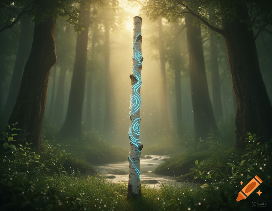 A magical birch wood staff with glowing blue swirling patterns stands vertically in a lush, misty forest with a stream.