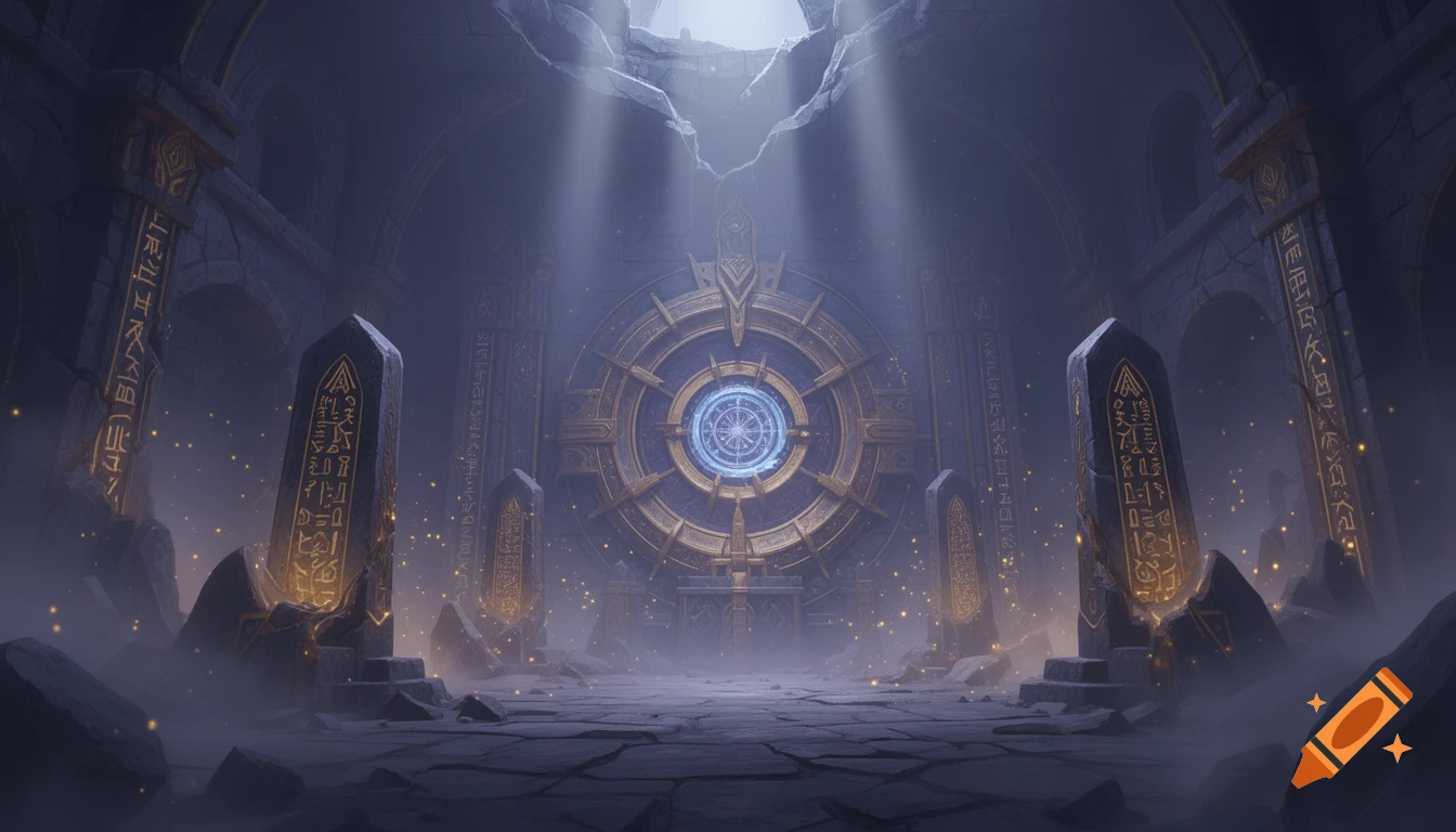 A massive, ancient arcane vault with glowing rune-engraved monoliths and a central dormant magical core emitting blue light, all bathed in ethereal light from above.