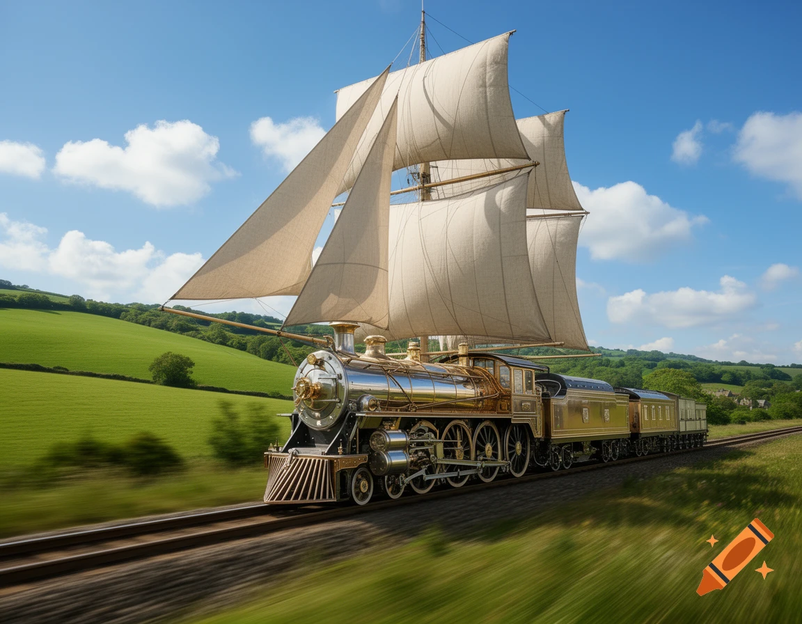 A majestic, gold and silver steampunk train with large white sails speeds through a green countryside under a blue sky.