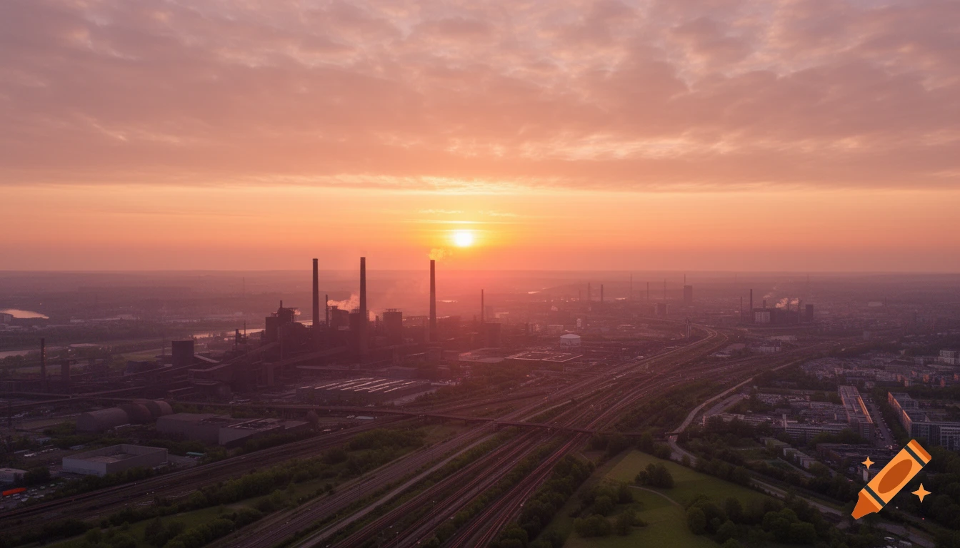 Aerial view of an industrial cityscape with smokestacks and train tracks under a vibrant orange and pink sunset.
