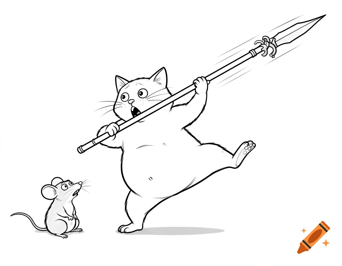 Startled cartoon cat with a beer belly precariously balances on one leg, thrusting a spear over a frightened mouse. Black and white outline.