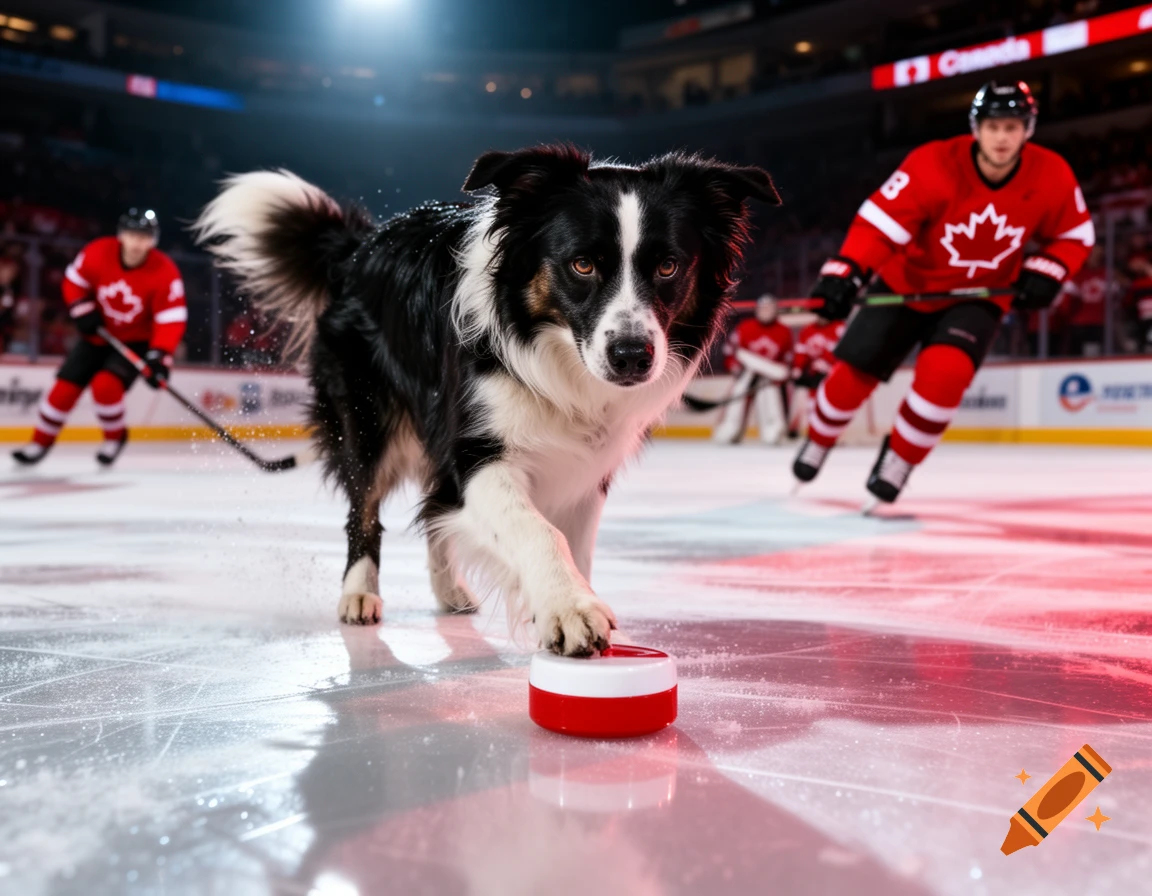 A Border Collie on an ice hockey rink, paw on a puck, with hockey players in red Team Canada jerseys in the background.