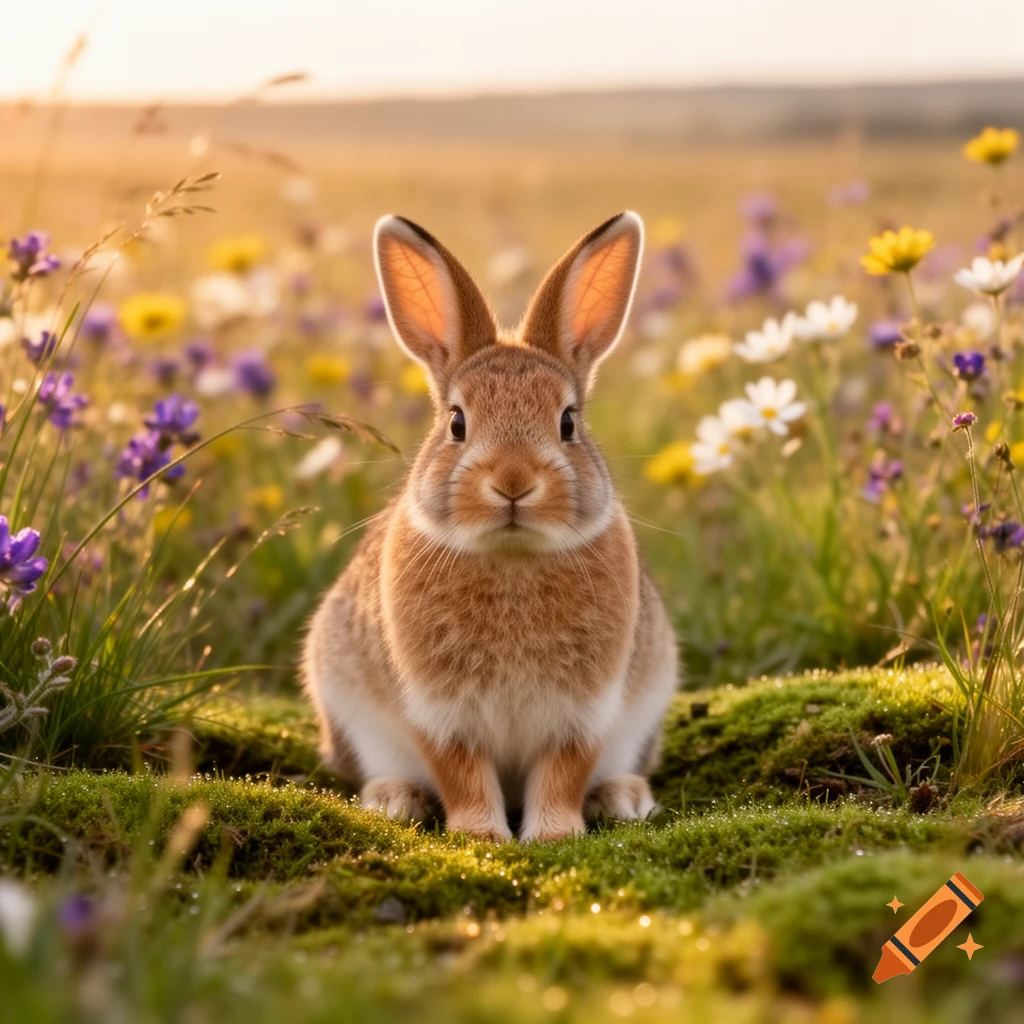 A cute brown and white rabbit sits in a sunlit field of green moss and colorful wildflowers.