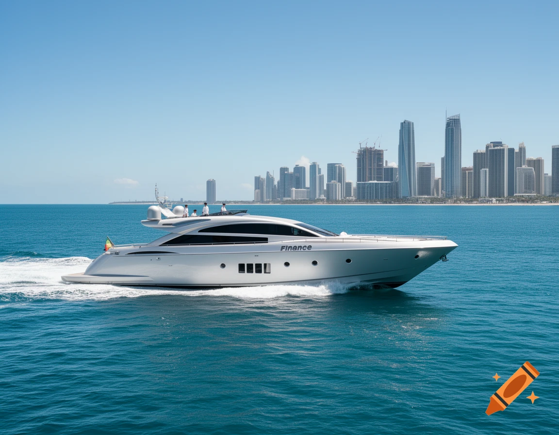 A silver yacht speeds across blue ocean water, with a modern city skyline visible in the background on a sunny day.