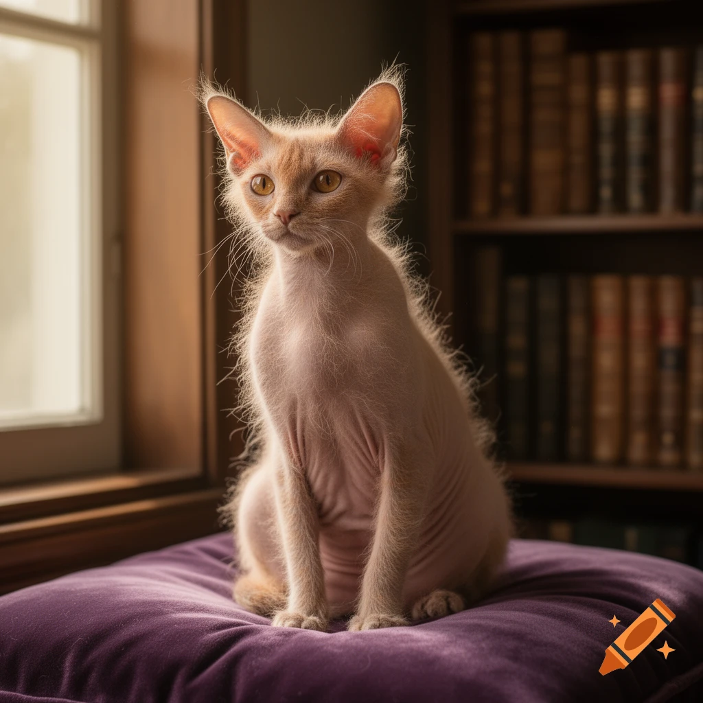 A hairless cat with sparse, fine fur sits on a purple cushion, bathed in sunlight from a nearby window, with a bookshelf in the background.