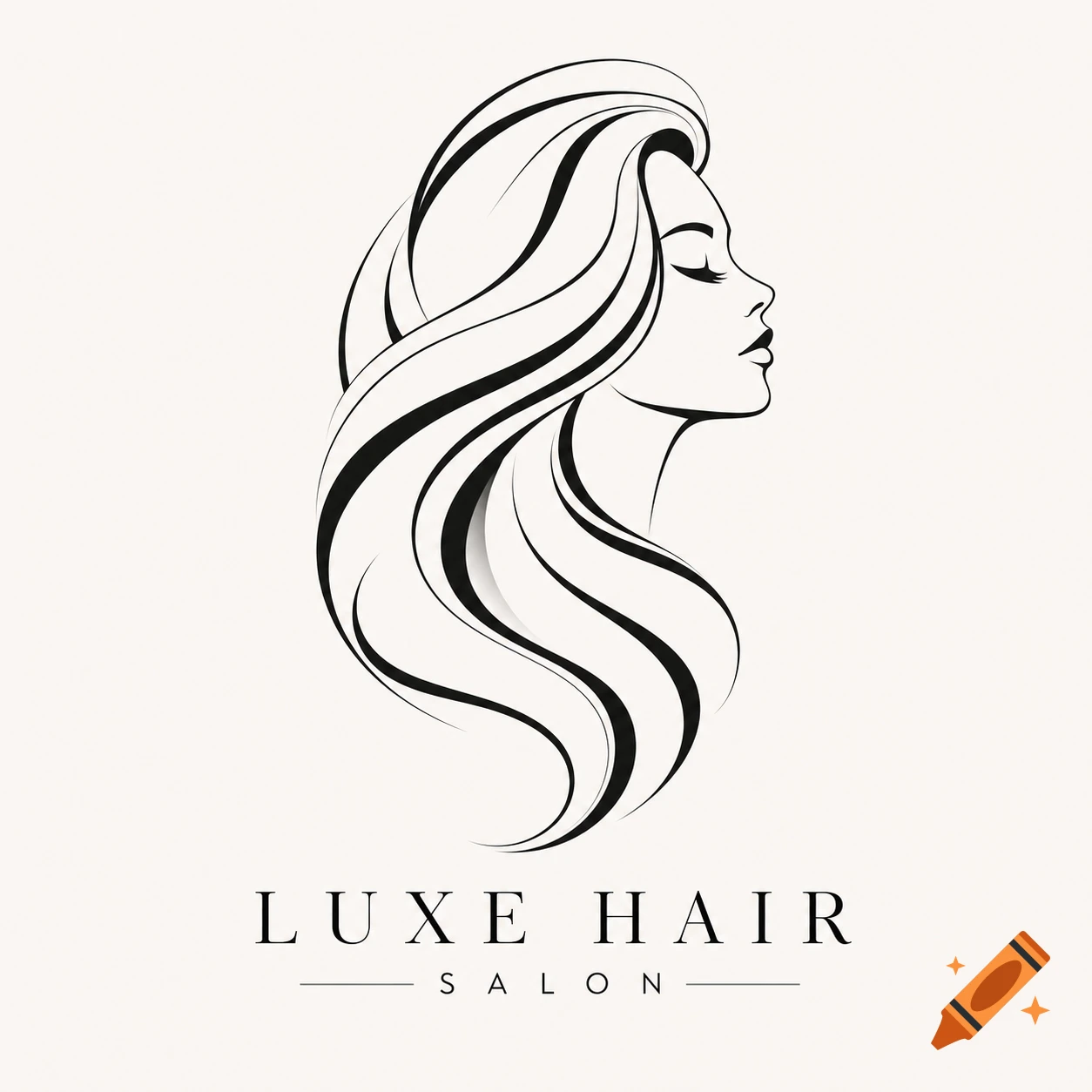 Minimalist black and white line art logo of a woman's profile with long, flowing hair and "LUXE HAIR SALON" text below.