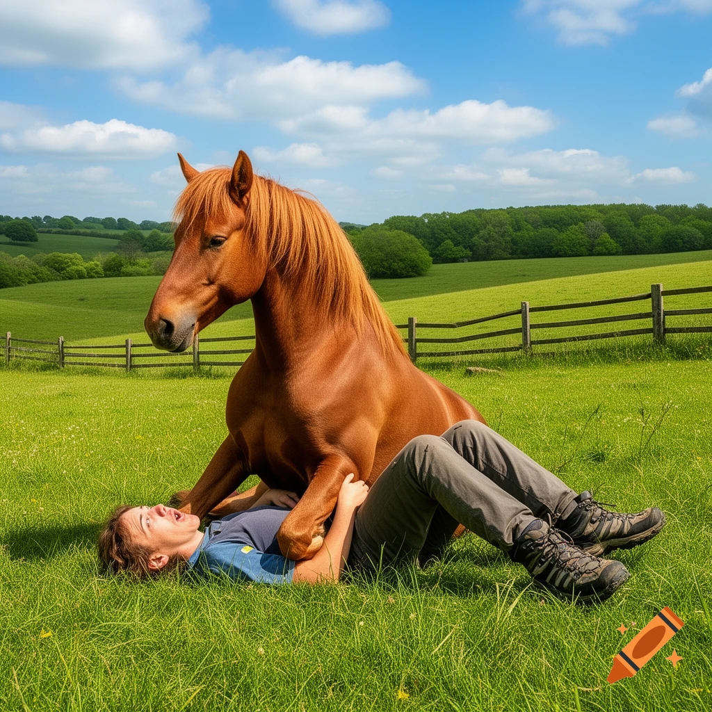 A brown horse sits on a person lying in a grassy field under a blue sky with white clouds. The person looks up with an open mouth.