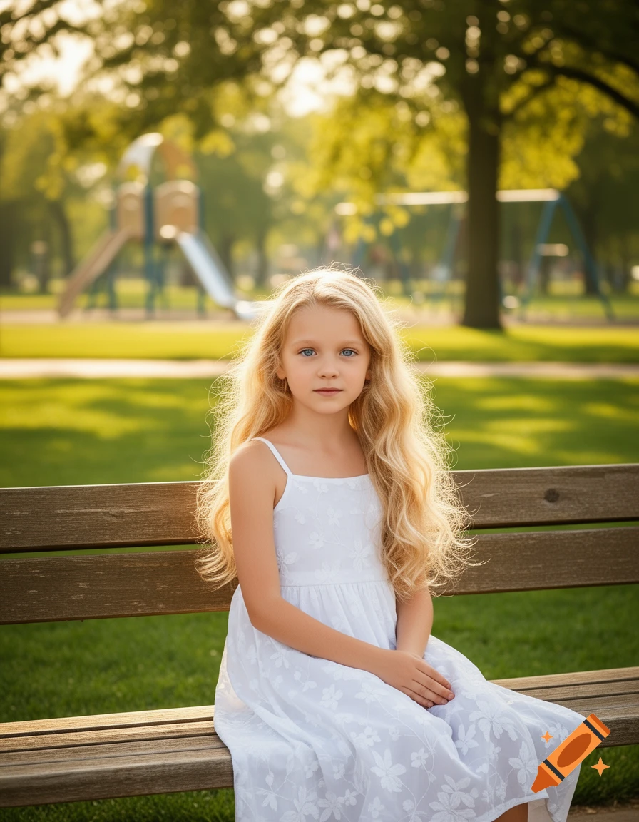 A young blonde girl with blue eyes sits on a wooden bench in a sunny park, a playground visible in the soft background.