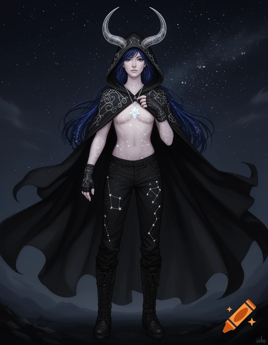 A blue-haired fantasy woman with horns in a black hooded cloak and constellation pants. A star pendant covers her bare chest under a starry sky.