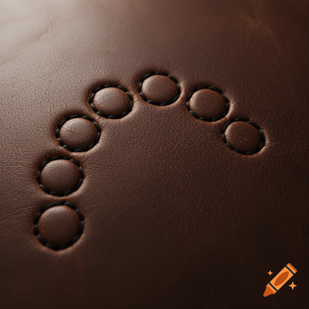A close-up of dark brown leather with a curved line of seven stitched circular indentations.