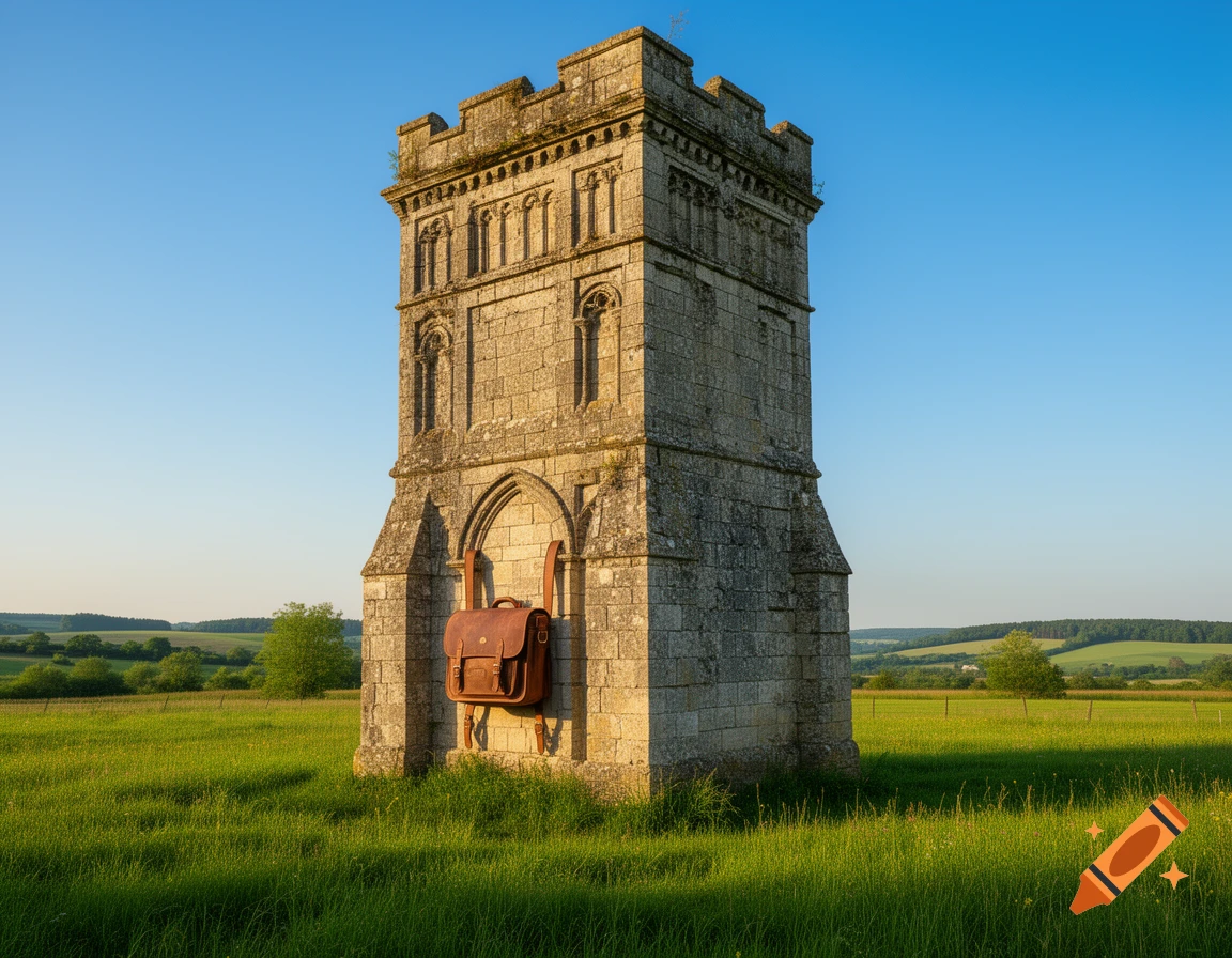 A brown leather satchel hangs on a stone tower in a sunlit green field under a clear blue sky.