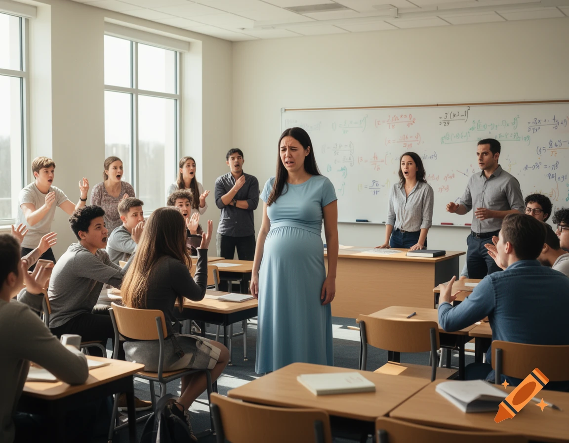 A distressed pregnant woman stands in a classroom, surrounded by surprised and concerned students and teachers.