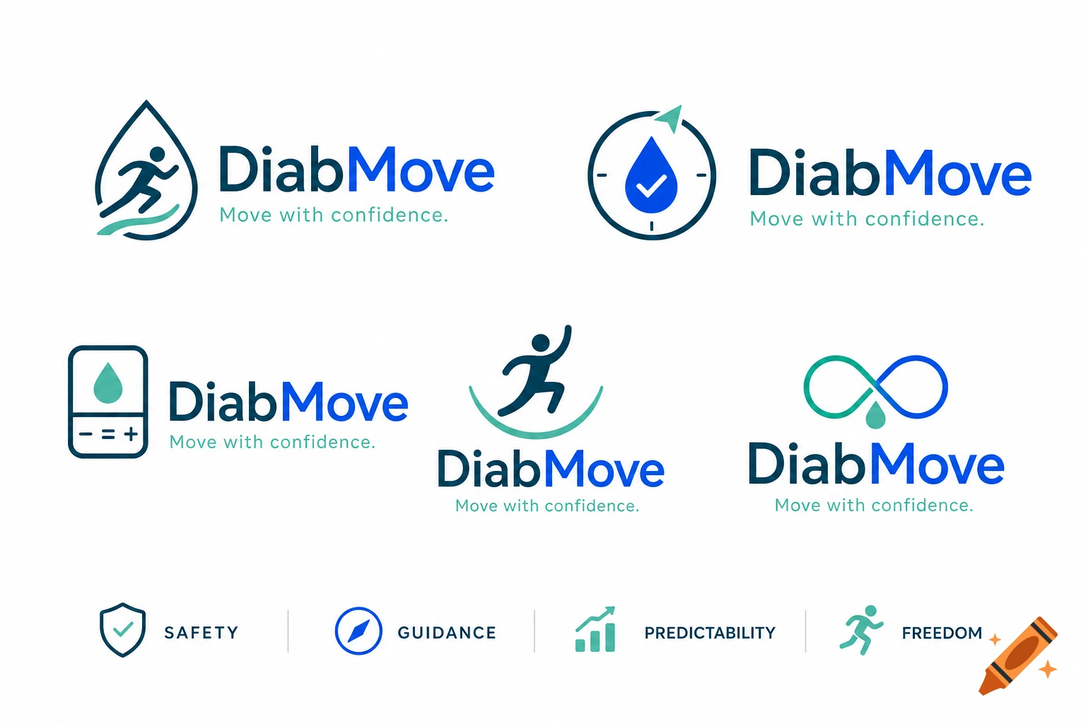 Logo board with 5 modern, minimalist logos for DiabMove app, featuring abstract icons, wordmark, and tagline in teal, blue, and mint.