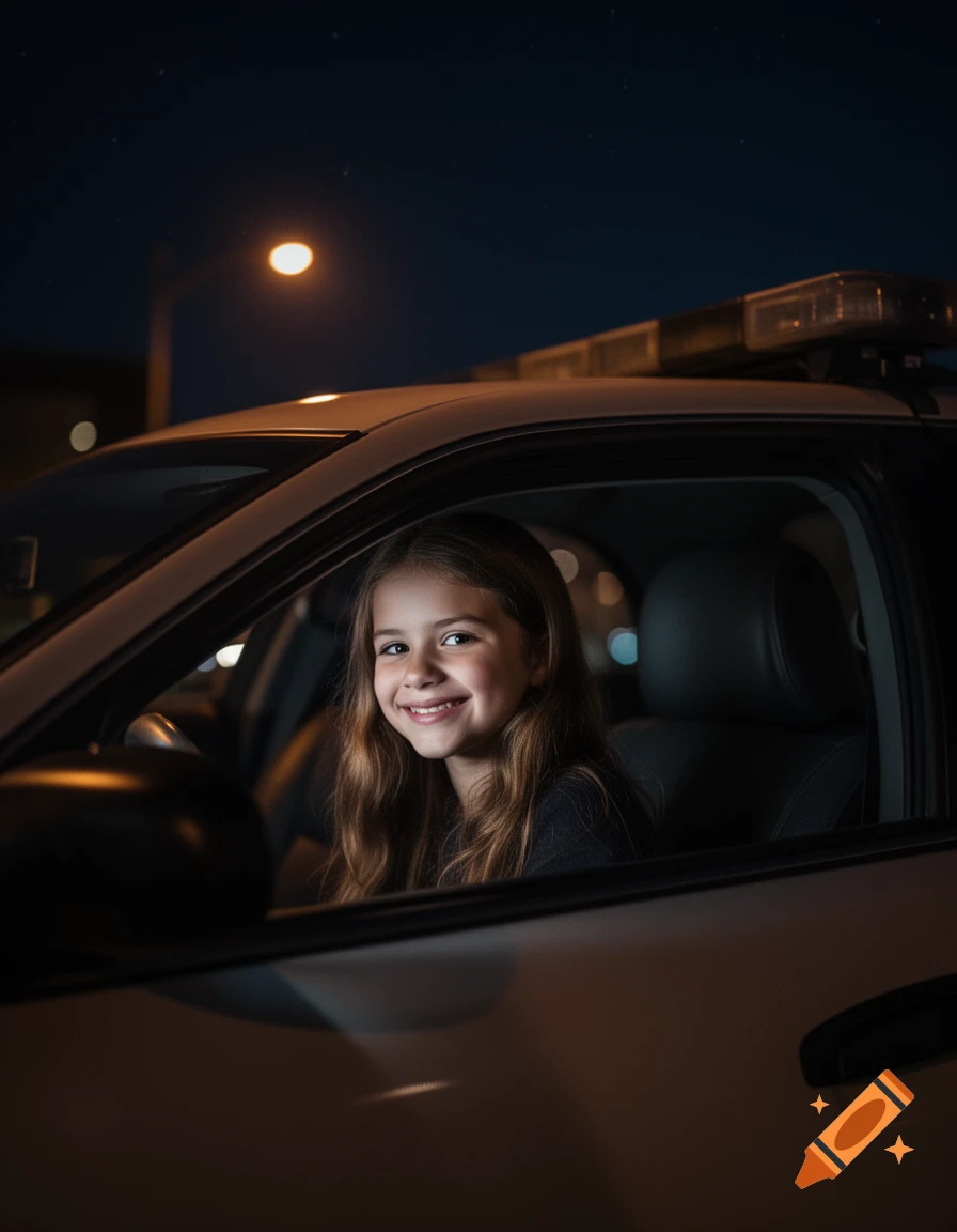 A young girl with long hair smiles inside a police car at night, with streetlights in the background.