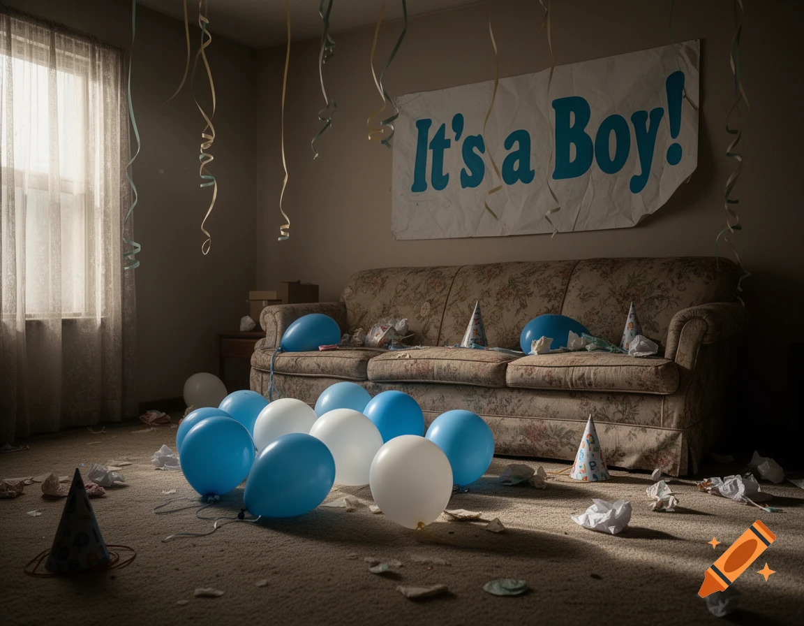 A messy living room after a 'It's a Boy!' gender reveal party, with deflated blue and white balloons, streamers, and hats.