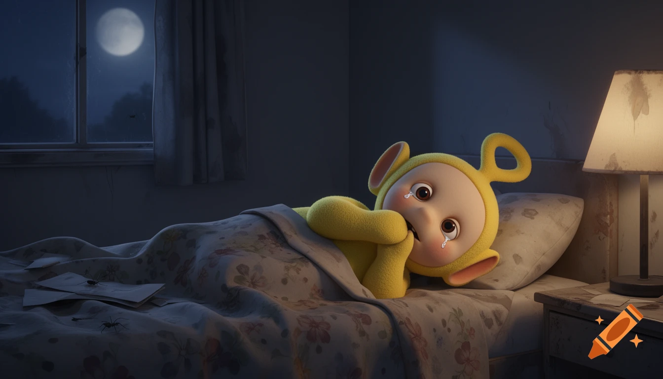 Crying yellow Teletubby Laa-Laa lies on an untidy bed with spiders, illuminated by moonlight from a window.