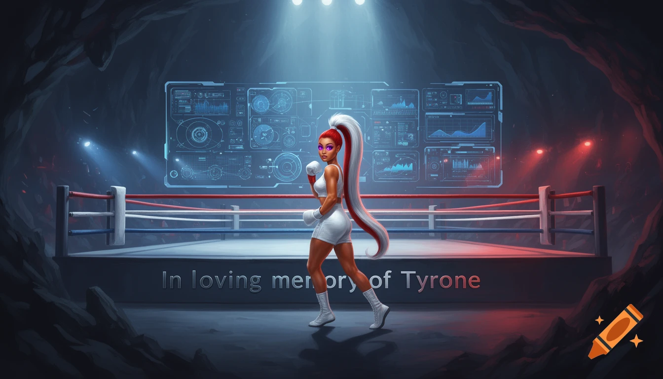A female boxer with red and white hair and purple eyes stands in a futuristic boxing ring, with data screens in the background.