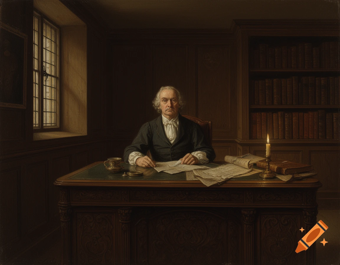 A stern man resembling Ebenezer Scrooge sits at a carved wooden desk in a dimly lit 18th-century office, in the style of a Flemish painting.