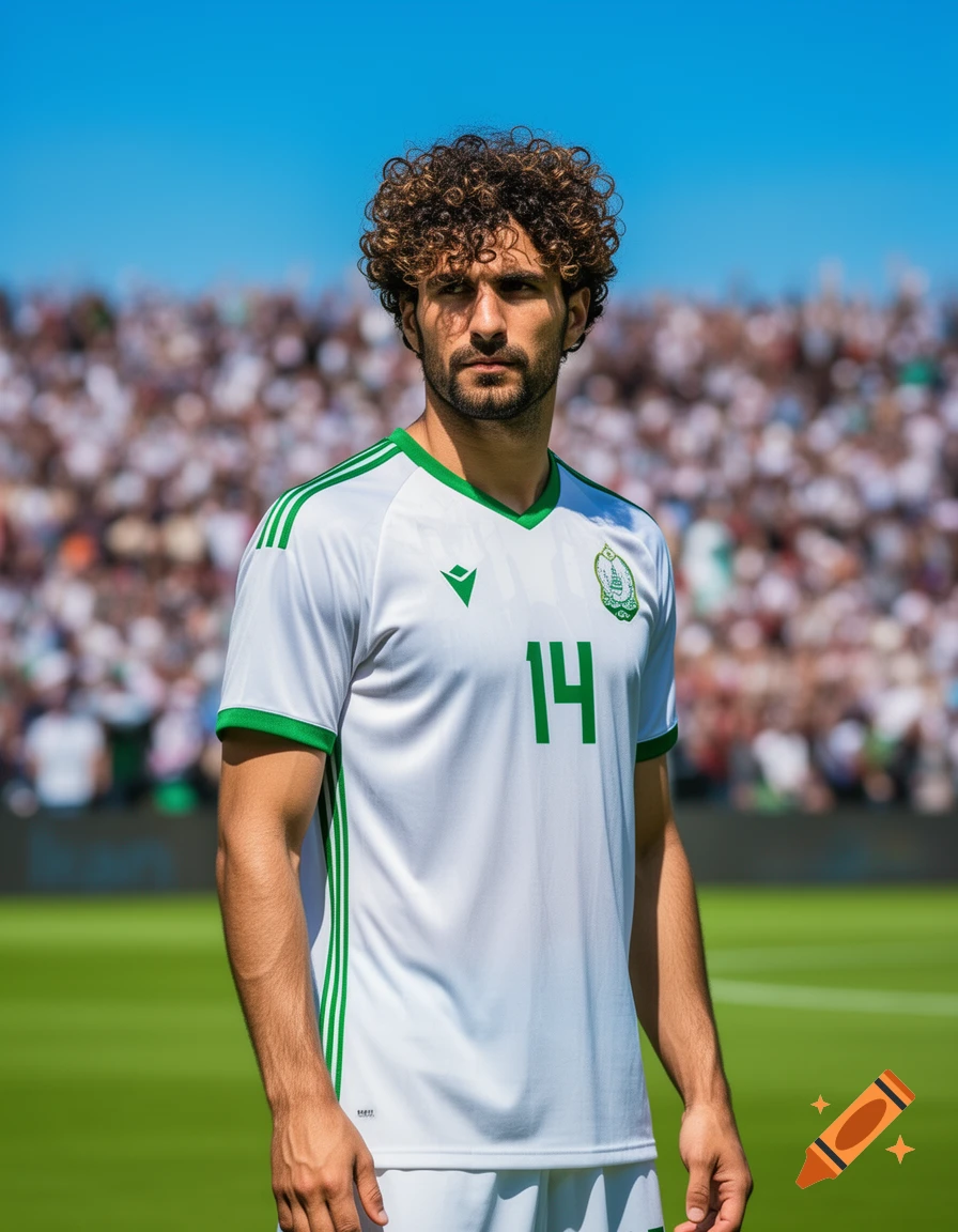 Photorealistic portrait of a curly-haired male football player in a white and green jersey with number 14, on a sunny field with a blurred crowd.
