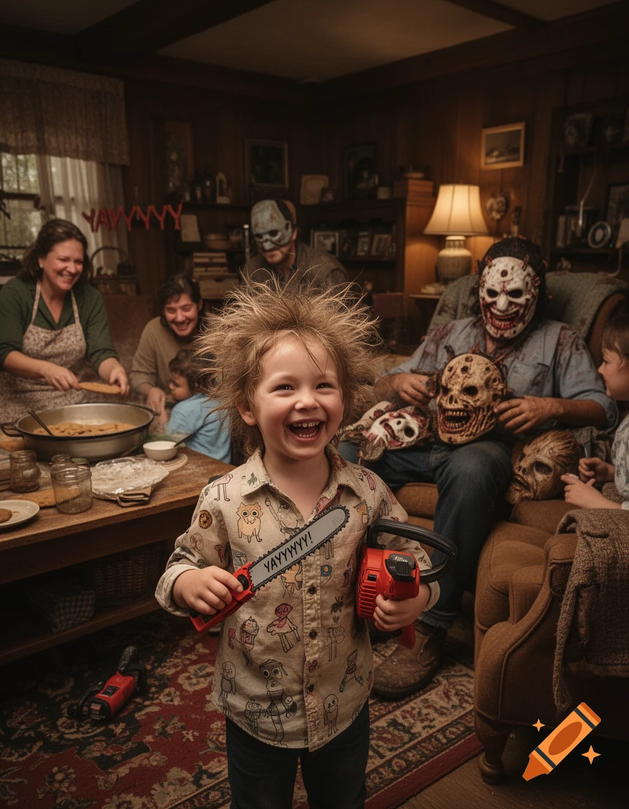 A smiling child with wild hair holds a toy chainsaw with 'YAYYYYYY!' written on it, surrounded by adults in horror masks, in a dimly lit rustic room.