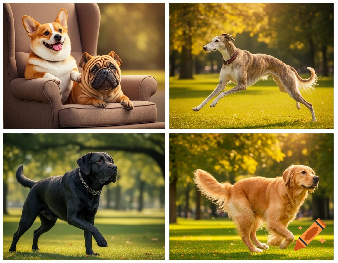 Four images of dogs: a Corgi and Shar-Pei on an armchair, a Greyhound, Labrador, and Golden Retriever running in parks.