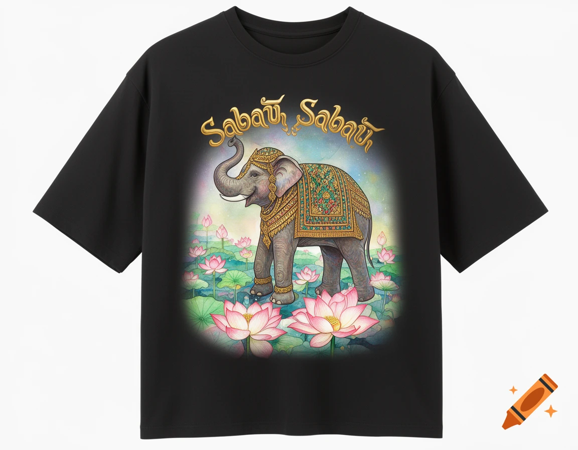 Black t-shirt featuring a colorful illustration of a decorated elephant standing amidst pink lotus flowers, with gold 'Sabai Sabai' text above.