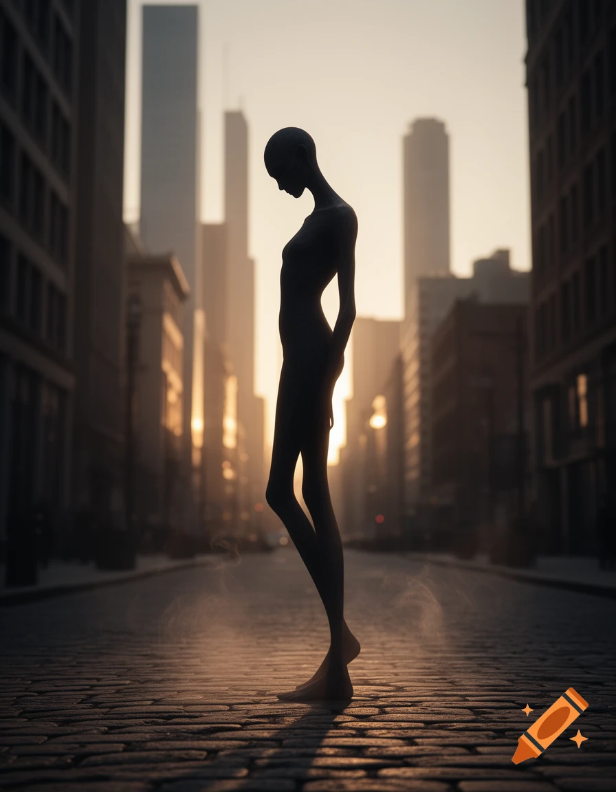 A silhouetted, slender figure stands barefoot on a cobblestone city street at sunset, with towering skyscrapers in the background.