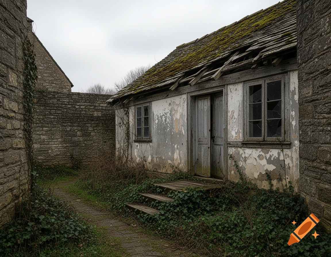 A dilapidated one-story house with a mossy, broken roof, peeling paint, and shattered windows, surrounded by overgrown ivy and stone walls under a cloudy sky.