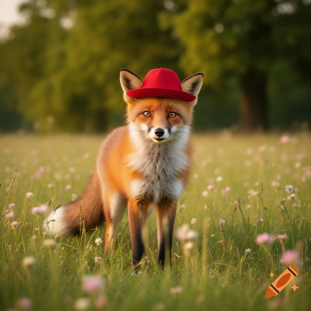 A photorealistic fox wearing a small red hat stands in a field of green grass and small pink flowers.