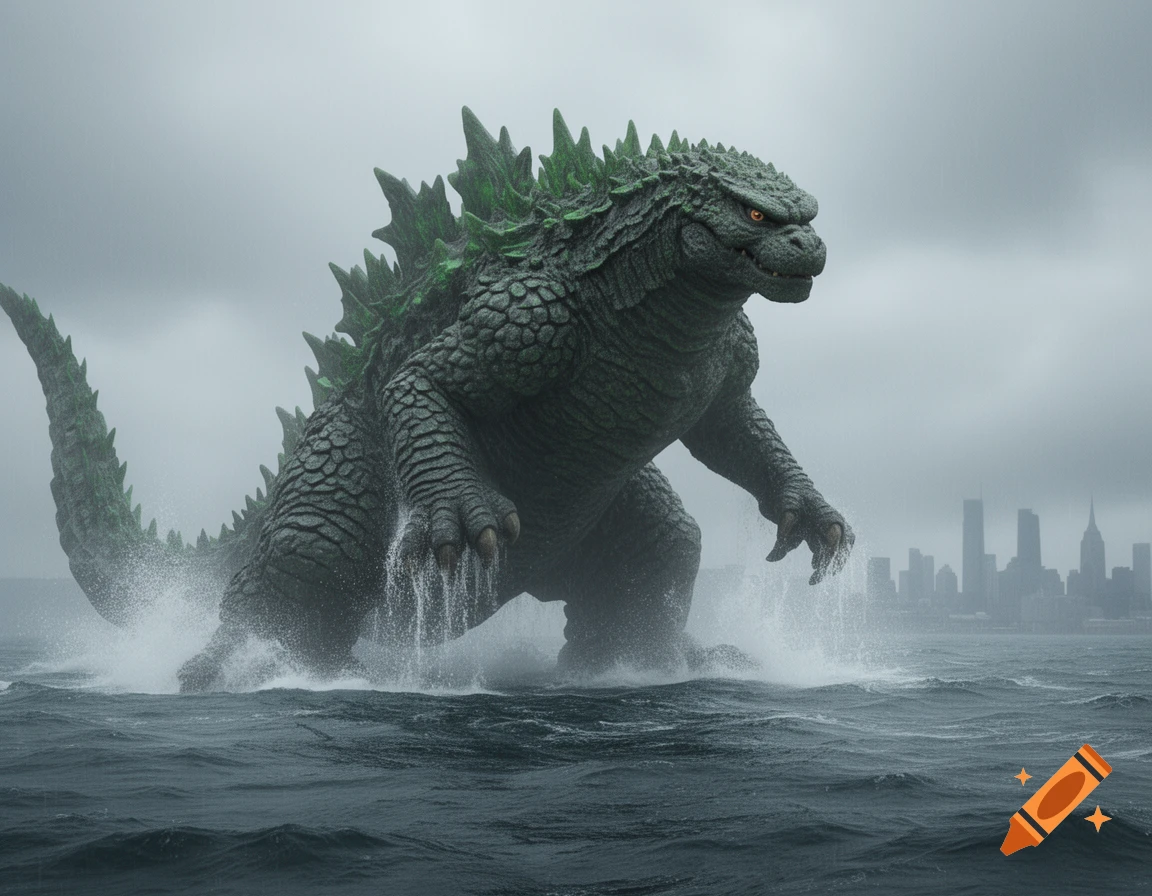 Photorealistic image of Godzilla emerging from the ocean, splashing water, with a blurry city skyline in the background under a cloudy sky.