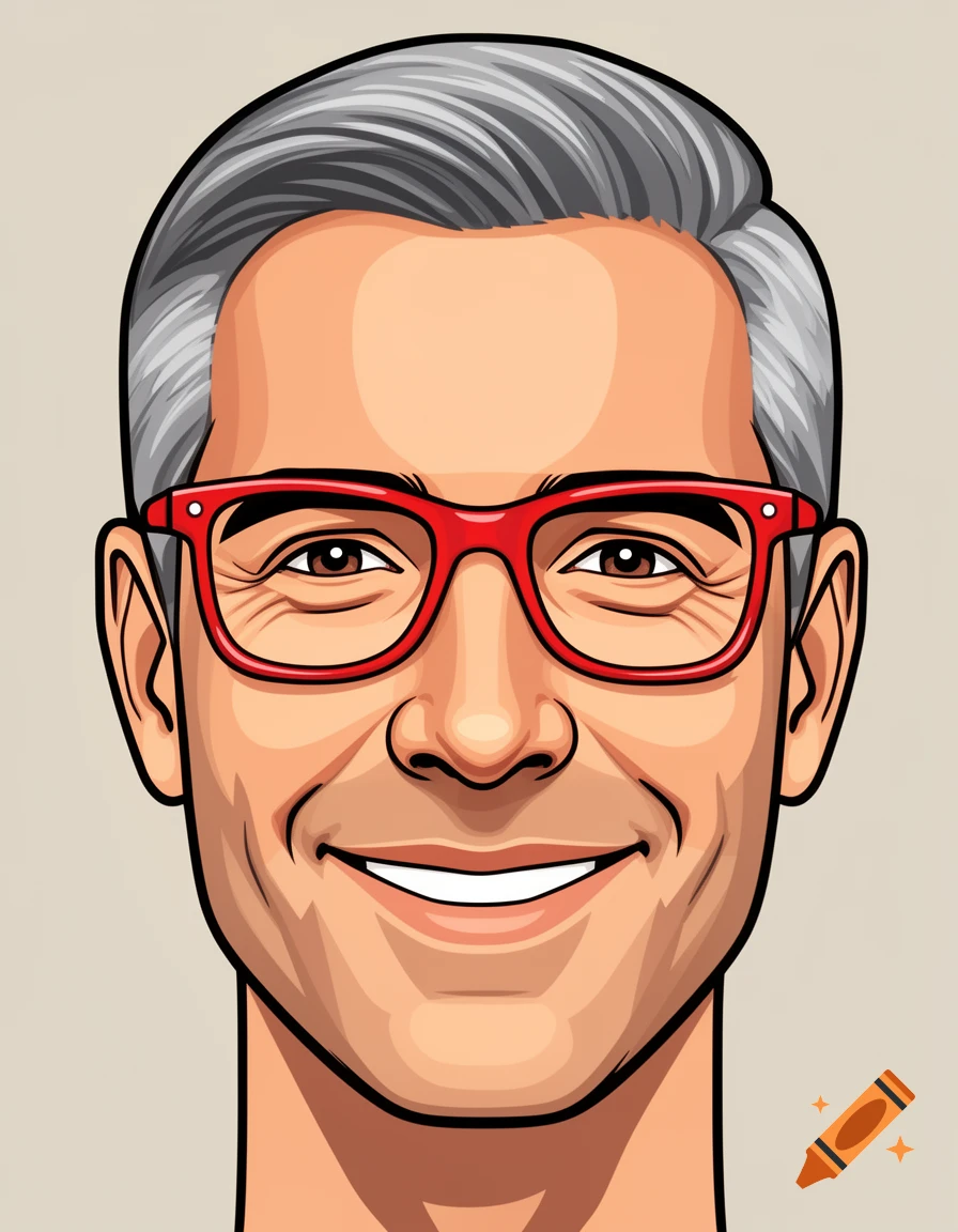 Clean vector illustration of a smiling man with short grey hair and thick-rimmed red glasses.