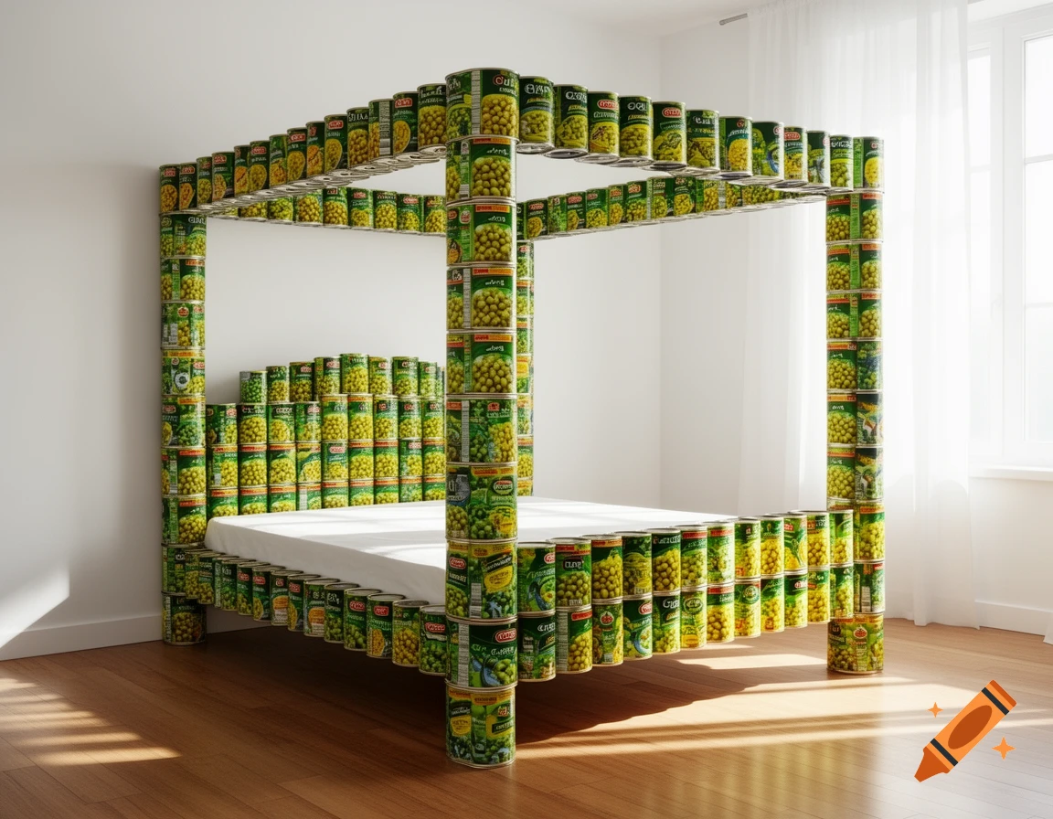 A four-poster canopy bed made entirely of stacked green pea cans in a bright room with wooden floors.