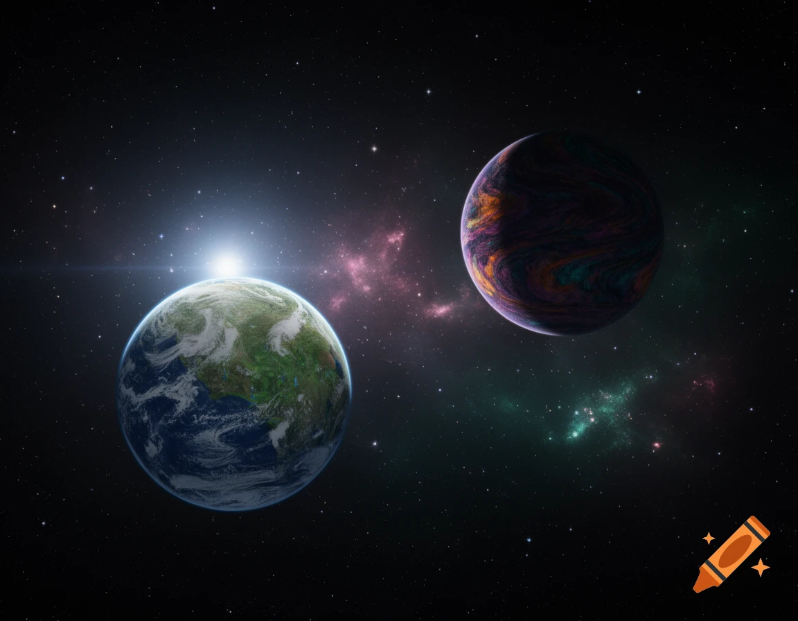 Two planets in deep space with stars and colorful nebulae. One planet is Earth-like, the other is a vibrant, abstract sphere.