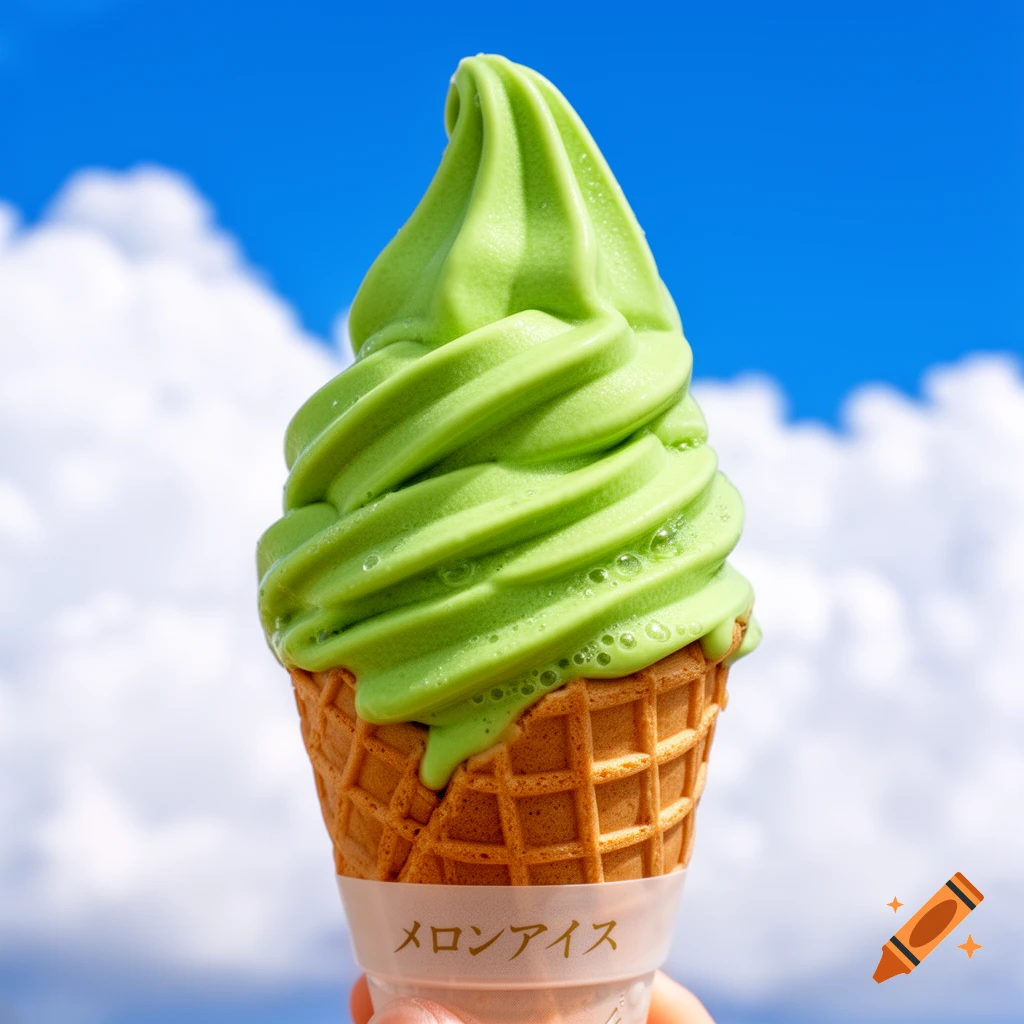 A vibrant green soft-serve ice cream cone held against a clear blue sky with fluffy white clouds.