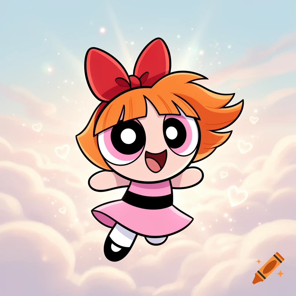 Blossom from The Powerpuff Girls, with a big smile, floating in a bright sky with soft clouds and small hearts.