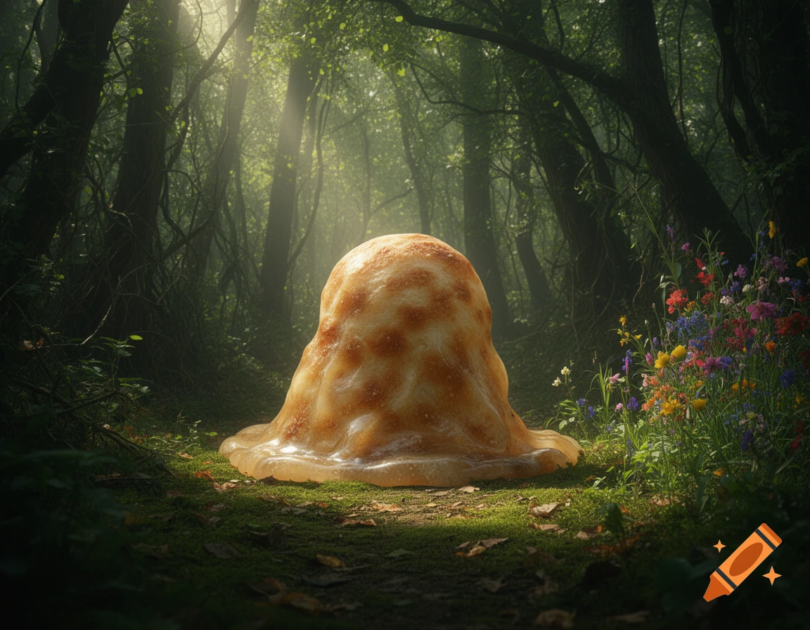 A bulbous, textured bread-like slime monster sits on a mossy forest floor with sunlight rays filtering through dark trees and wildflowers.