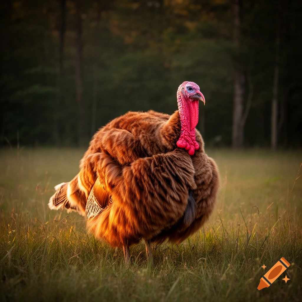 A photorealistic image of a turkey with long, brown fur-like feathers and a bright red head and wattle, standing in a sunlit grassy field with a dark forest in the background.