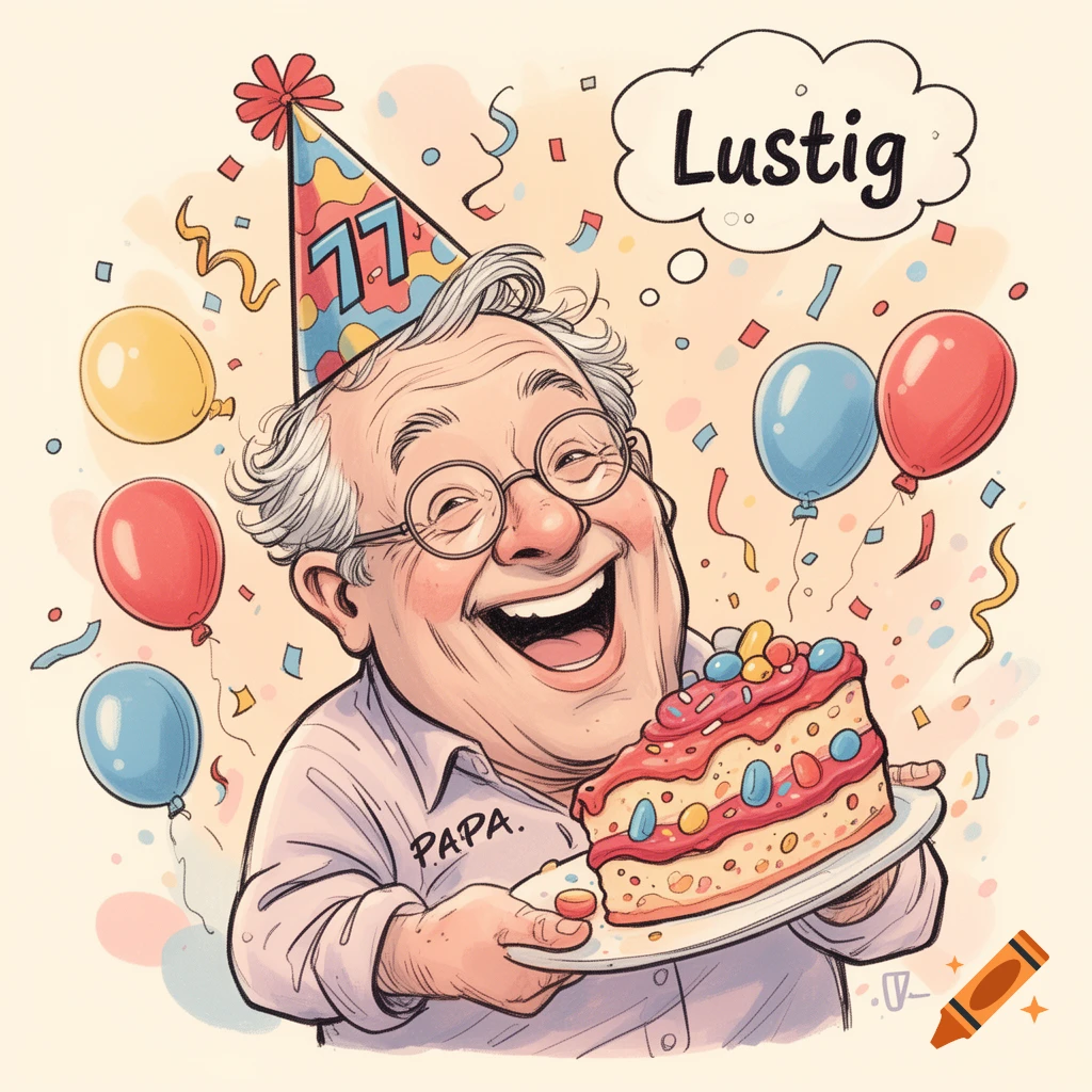 A cheerful cartoon older man in a party hat with '77', holding birthday cake, surrounded by balloons and confetti. 'Lustig' in a thought bubble.