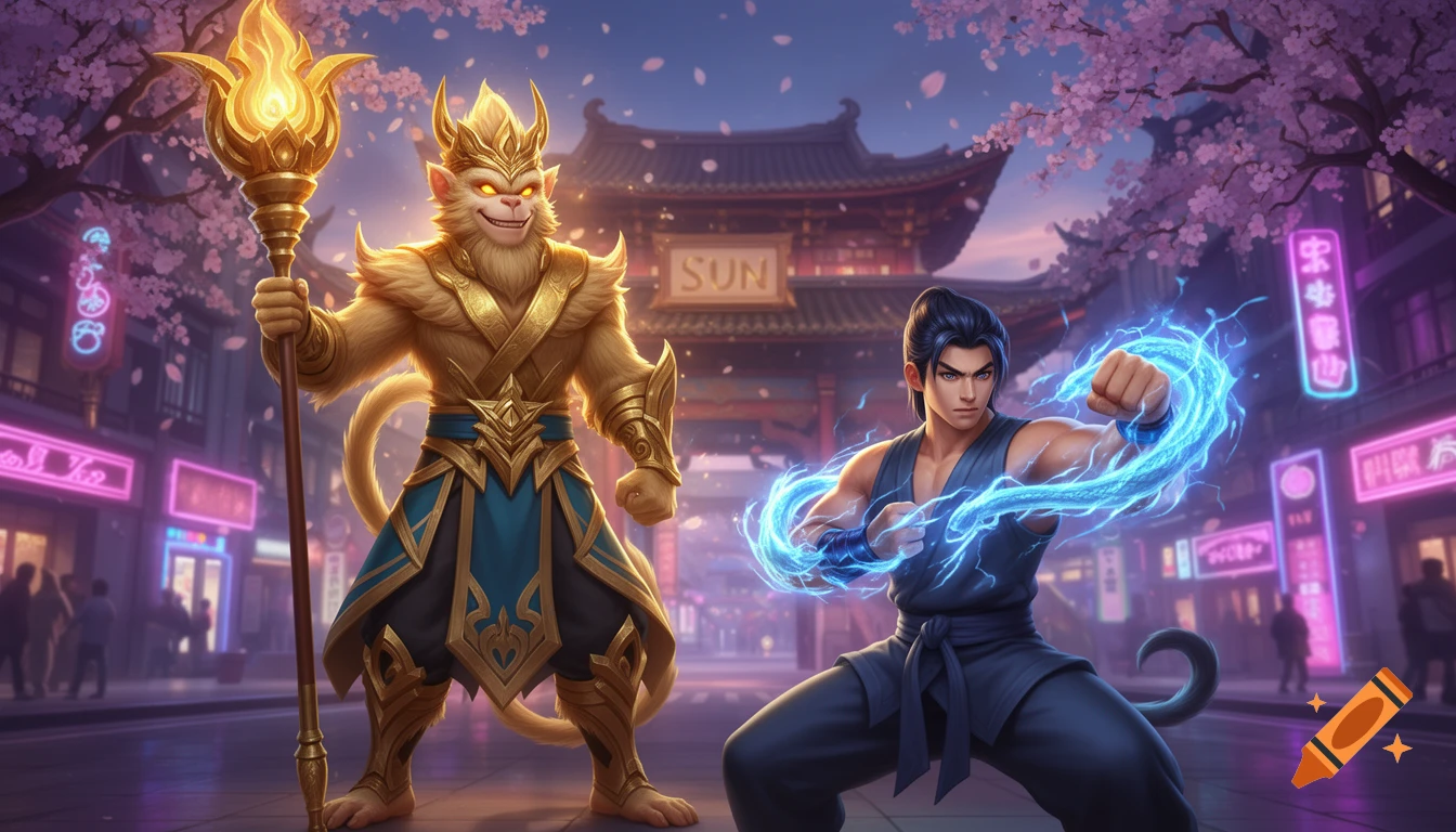 A monkey king with a staff and a martial artist with glowing blue energy in an anime style. They stand in a neon street with a temple and cherry blossoms.