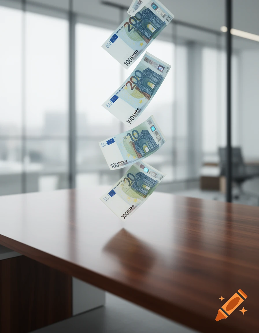 Euro banknotes falling over a reflective wooden table in a modern office.