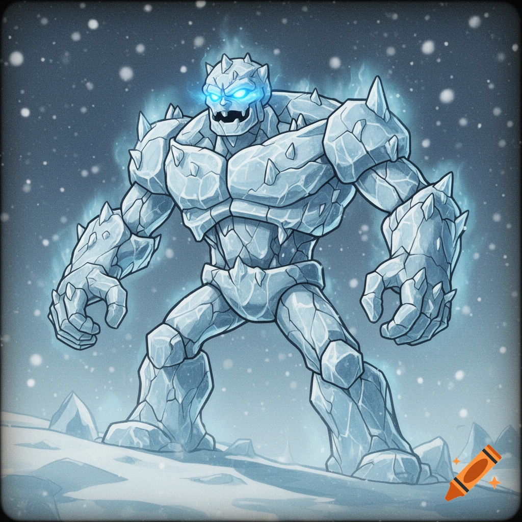 A cartoon ice golem with glowing blue eyes stands in a snowy landscape, in a vintage Cuphead style.